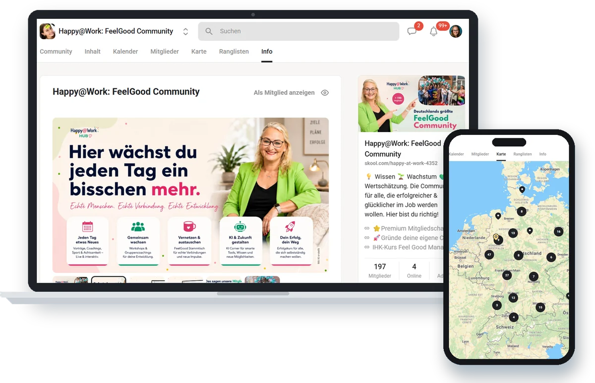 Die digitale Community happy@work auf Laptop und Smartphone