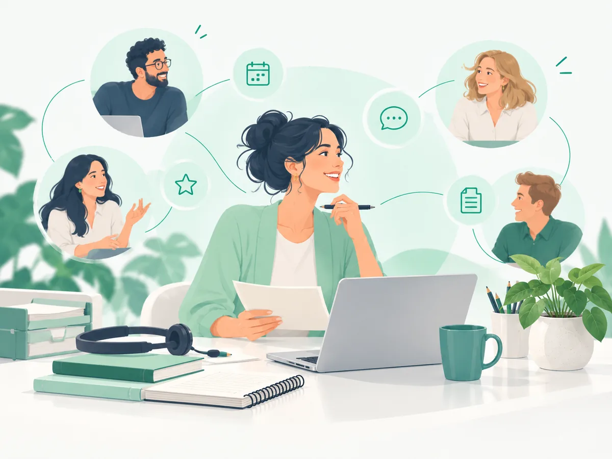 Illustration zur Keynote Assistent*innen: Assistenzkraft am Schreibtisch, vernetzt mit Kolleg*innen