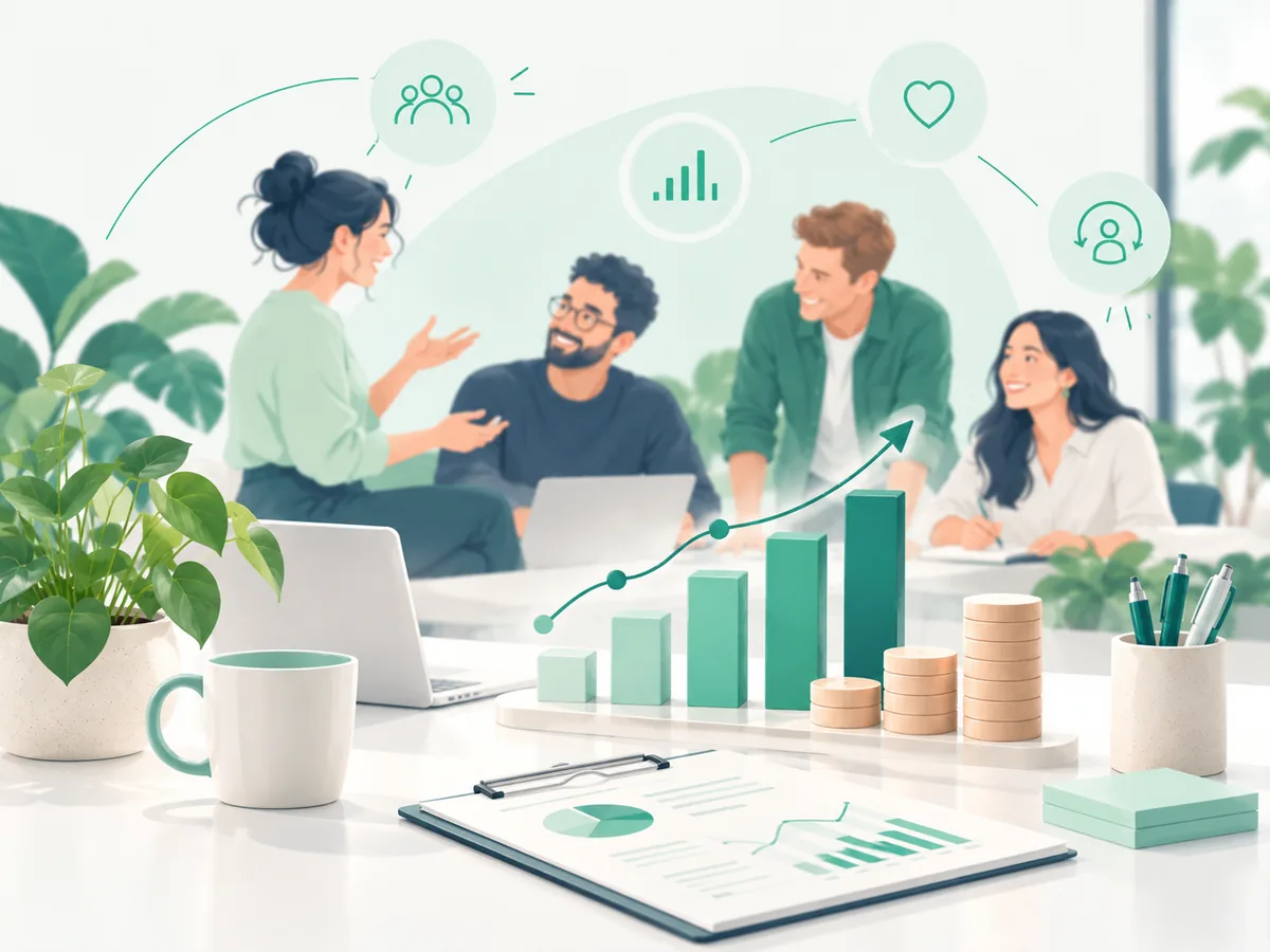Illustration zur Keynote Zahlen sprechen: Team mit Diagramm, Münzstapeln und Auswertungen